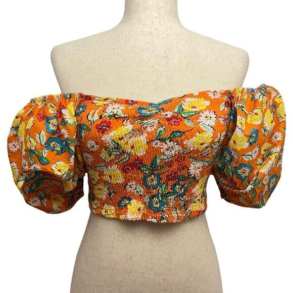 Zara Womens Balloon Sleeve Crop Top Flounce shirt Sz L Orange Floral Boho Fun - Picture 1 of 12